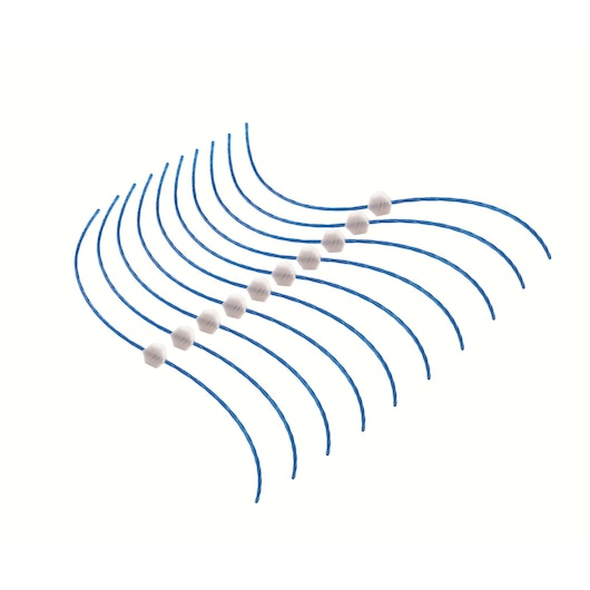 Set of ten blue curved replacement lines with white connectors, arranged in parallel, designed for a grass trimmer.