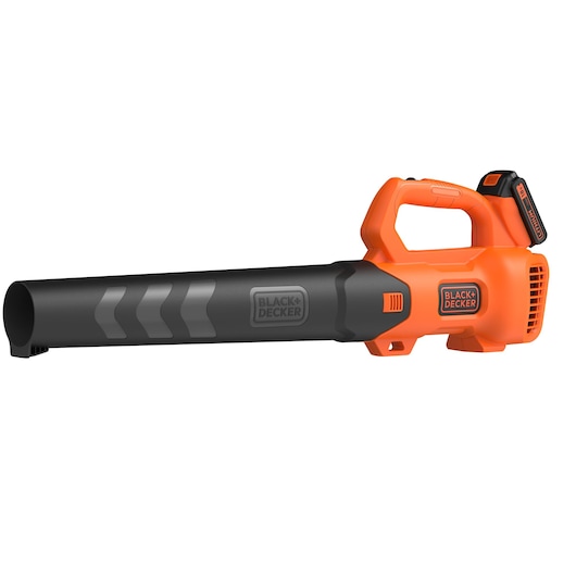 A BLACK+DECKER cordless handheld leaf blower with an orange and black design, featuring a battery mounted on top near the handle.