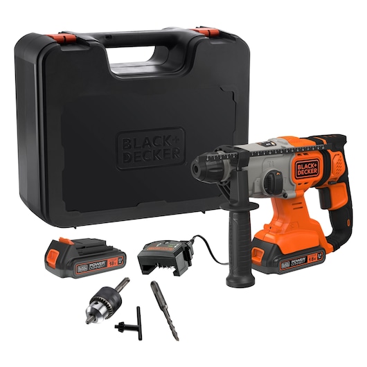 BLACK+DECKER BCD900E2K cordless rotary hammer drill with case, battery, charger, chuck, drill bit, and accessories, front angle.
