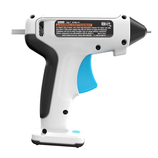 BLACKDECKER BCGL115 cordless hot glue gun, white and black body, blue trigger, side angle on white background.