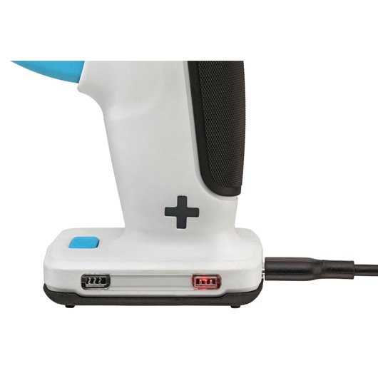 BLACKDECKER BCGL115 handheld tool base with charging cable connected, white and black handle, close-up, white background.