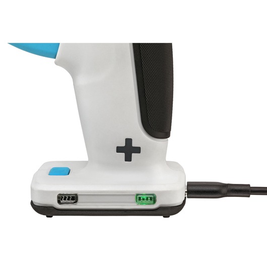 BLACKDECKER BCGL115 handheld device base with charging cable, white and black, close-up side view.