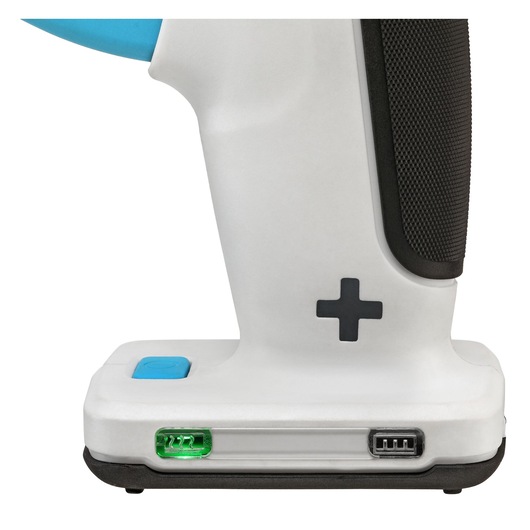 BLACKDECKER BCGL115 handheld tool base close-up, featuring handle, grip texture, and visible green level indicator.