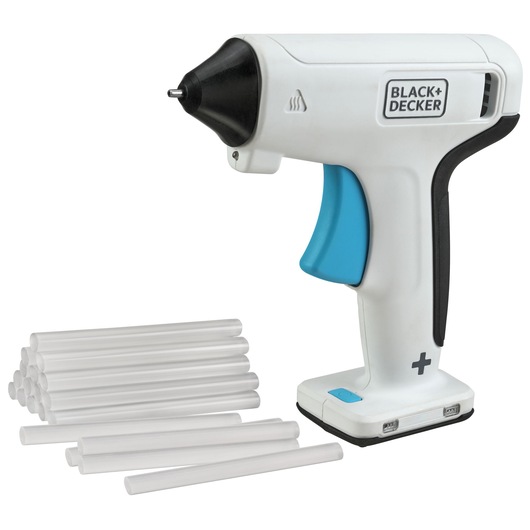 BLACK+DECKER BCGL115 cordless glue gun with white glue sticks, side angle on white background.