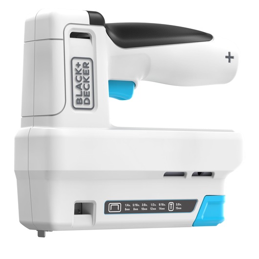 BLACK+DECKER BCN115 white and black electric stapler with blue trigger, side angle on white background.