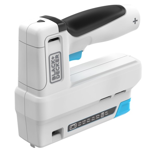 Photo of BLACK+DECKER BCN115 white cordless staple gun with black grip and blue details, side angle on white background.
