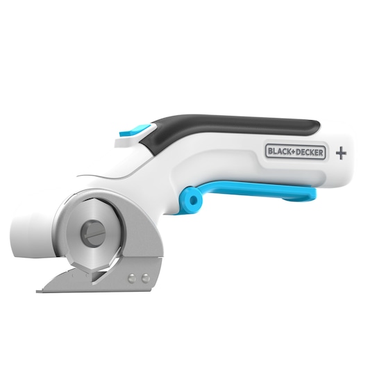 Photo of BLACKDECKER BCRC115 electric rotary cutter, white and blue, side view on white background.