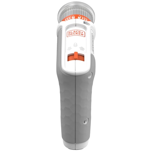 BLACKDECKER BCRTA01 grey and white cordless screwdriver front view with orange switch and textured grip.