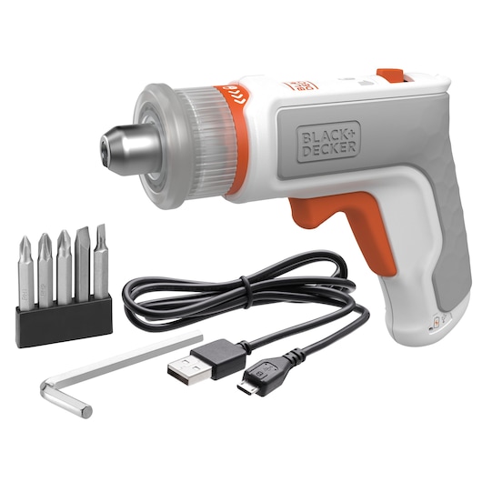 Photo of BLACK+DECKER BCRTA01 cordless screwdriver kit with four bits, hex key, and USB charging cable, side view.
