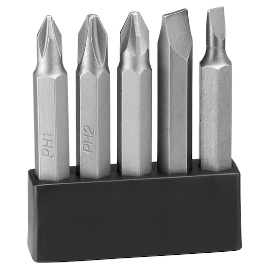 BLACKDECKER BCRTA01 screwdriver bit set with five silver bits in black holder, front angle on white background.