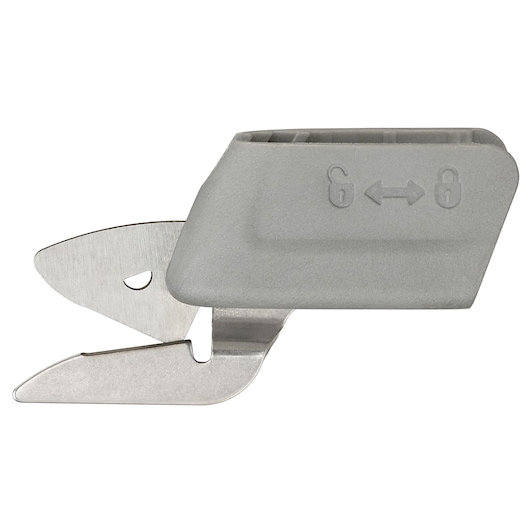 BLACKDECKER BCSC115 replacement blade with gray plastic cover and lock symbols, product side angle on white background.