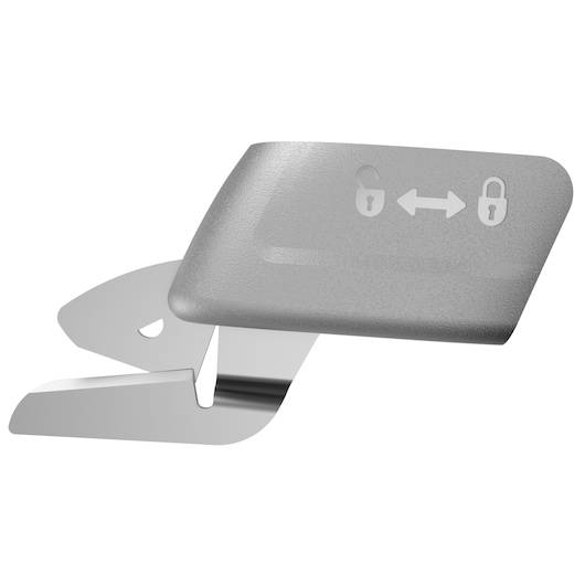 BLACKDECKER BCSC115 silver utility blade with grey safety cover, close-up on white background.