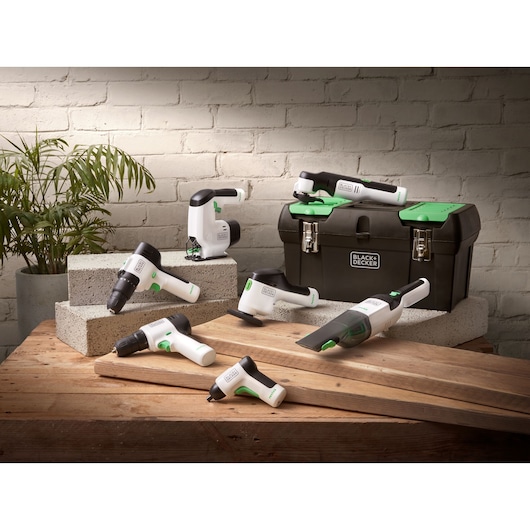 BLACK+DECKER REVHV8J40 tool set with multi-head attachments and toolbox, tabletop view.