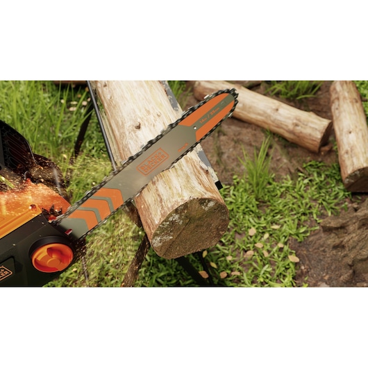 BLACKDECKER electric chainsaw BECS1835 cutting log outdoors, showing chain and wood chips.