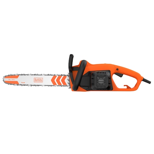 BLACK+DECKER BECS2040 electric chainsaw, orange and black, side view on white background.
