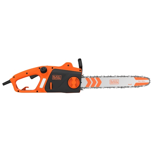 Photo of BLACKDECKER BECS2040 electric chainsaw, orange and black, side view, 16-inch bar.