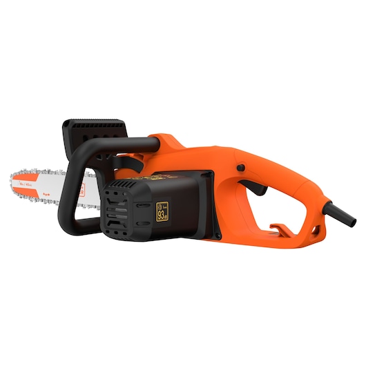 BLACKDECKER BECS2040 orange and black electric chainsaw front angle on white background.
