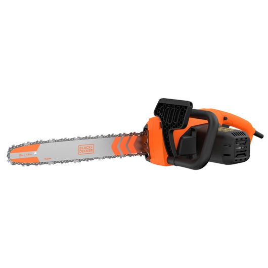 Photo of BLACK+DECKER BECS2245 electric chainsaw, orange and black, side angle on white background.