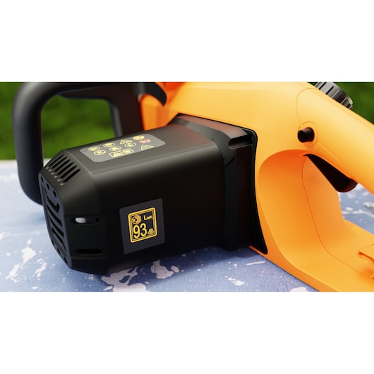 BLACKDECKER BECS2245 chainsaw close-up, showing control panel, black motor housing, and yellow noise label, side angle.