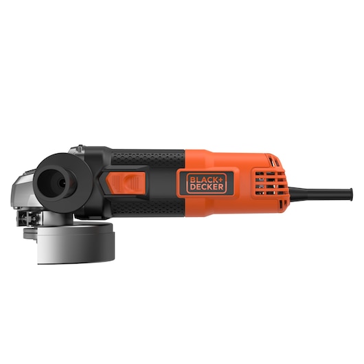 BLACK+DECKER BEG220 orange and black angle grinder side view on white background.