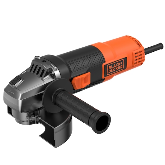 BLACK+DECKER BEG220 angle grinder, black and orange, side handle, product on white background.