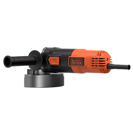 Photo of BLACK+DECKER BEG220 angle grinder, orange and black, side view on white background.