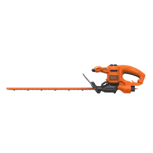 An electric orange hedge trimmer with a long blade, ergonomic handle, and the BLACK+DECKER brand logo visible on the side.