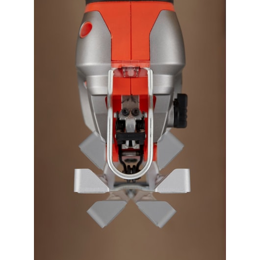 BLACKDECKER BES610 jigsaw front angle, orange and silver housing, visible blade guide.