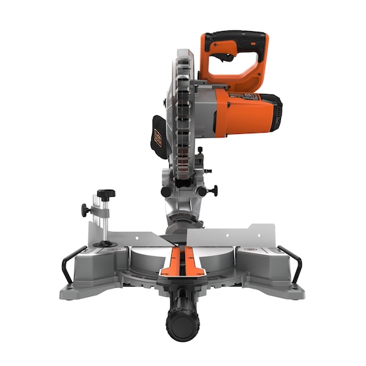 BLACKDECKER BES701 miter saw front angle with orange and black handle, silver base, and adjustable guides.