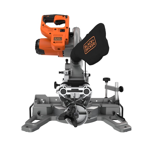 Photo of BLACKDECKER BES701 miter saw, orange and black, front angle on white background.