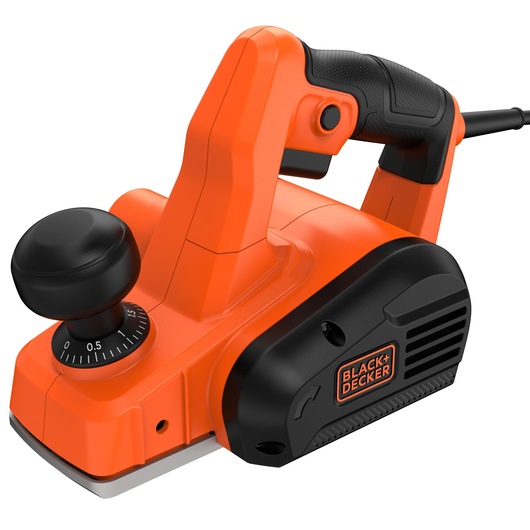 Photo of BLACK+DECKER BEW712 electric planer, orange and black, front angle on white background.