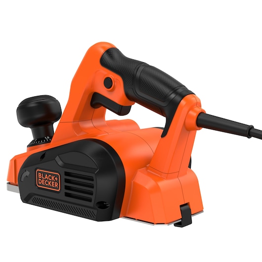 Photo of BLACK+DECKER BEW712 electric hand planer in orange and black, angled view on white background.