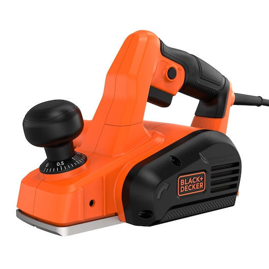 BLACK+DECKER BEW712 electric hand planer in orange and black, front angle on white background.
