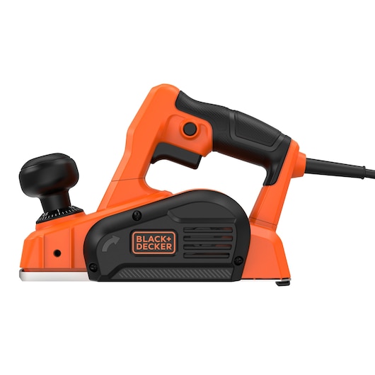 Photo of BLACK+DECKER BEW712 electric hand planer, side view, orange and black body, corded power tool.