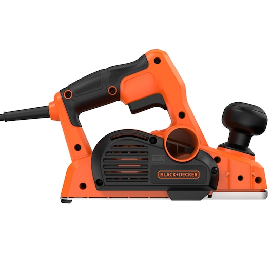 Photo of BLACK+DECKER BEW712 electric hand planer, orange and black, side view on white background.