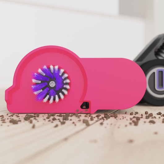 BLACKDECKER BHFEA640WG vacuum brush head, pink casing with purple bristles, cleaning debris on wood floor