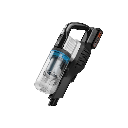 BLACK+DECKER BHFEB520D1 cordless handheld vacuum cleaner, black and clear plastic, angled view on white background.