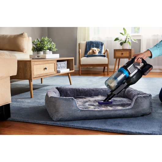 BLACK+DECKER BHFEB520D1 cordless vacuum cleaning pet hair from a gray pet bed in a living room, side view.