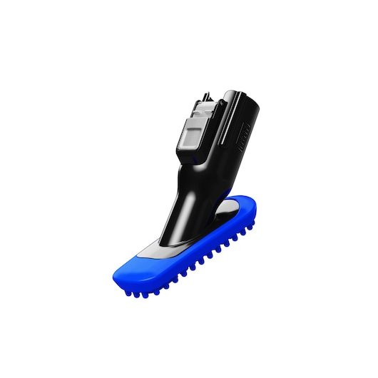 BLACKDECKER BHFEB520D1 handheld cleaning brush, black body with blue bristle base, front angle on white background.
