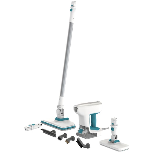 BLACK+DECKER BHSM15FX08 steam mop set with silver and white design, various cleaning attachments, white background.