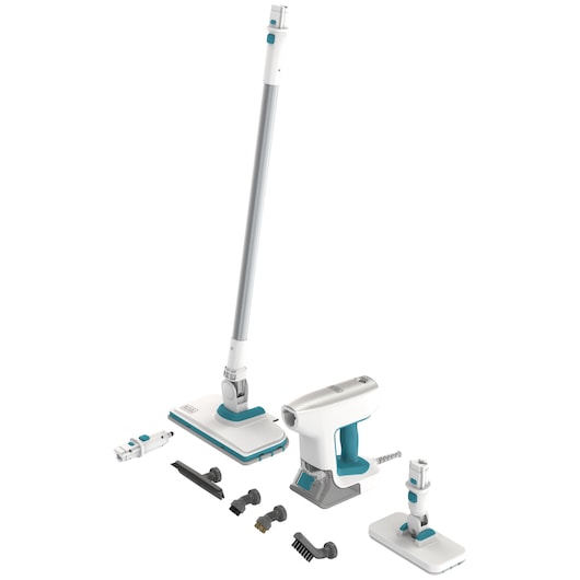 BLACKDECKER BHSM15FX08 steam mop with detachable handheld steamer and multiple cleaning attachments, side angle.
