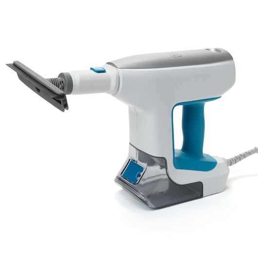 BLACK+DECKER BHSM15FX08 handheld steam cleaner, white and blue, right-side angle on white background.