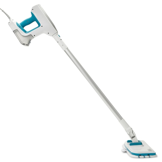 BLACKDECKER BHSM15FX10 steam mop in white and blue, side view on white background.