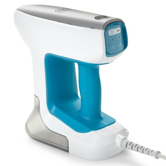 BLACK+DECKER BHSM15FX10 handheld steam cleaner, white and blue, side angle on white background.