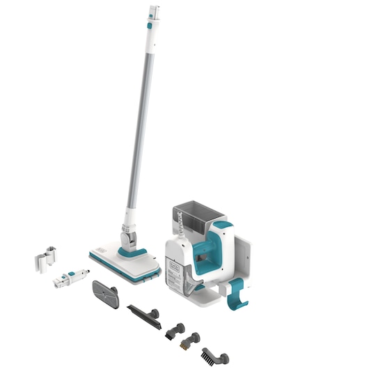 BLACKDECKER BHSM15FX10 steam mop with detachable handheld unit, accessories and attachments, front angle on white background.
