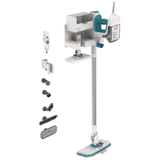 BLACKDECKER BHSM15FX10 steam mop with multiple detachable cleaning attachments, upright, white and teal, side view.