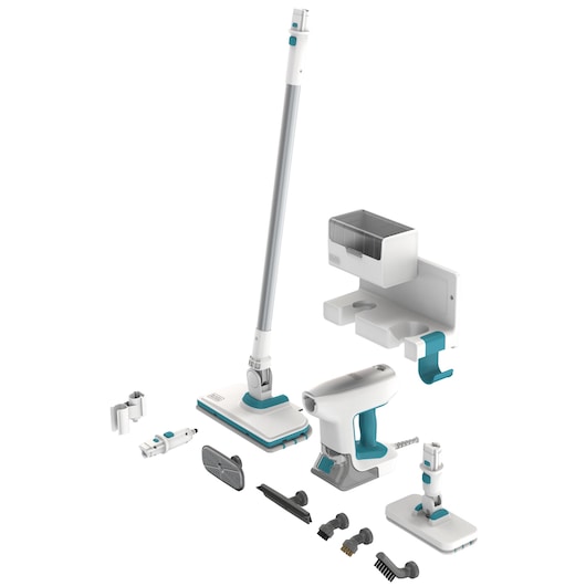 BLACKDECKER BHSM15FX10 steam mop set with teal and white cleaning attachments, accessories, and wall mount, front angle.