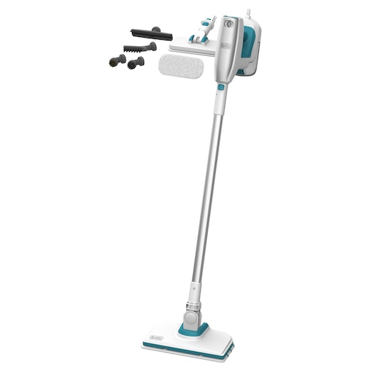BLACKDECKER BHSM15FX10 white and teal steam mop with long handle, flat head, and multiple brush attachments, front angle.