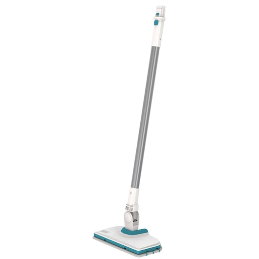 BLACKDECKER BHSM15FX10 steam mop with long gray handle and white base, front angle on white background.