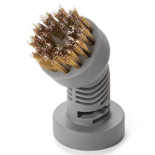 BLACKDECKER BHSM15FX10 round gray and brass wire brush attachment, close-up, white background.